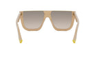 A pair of tan-colored sunglasses with yellow accents, featuring a sleek and modern design.