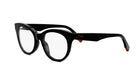 A pair of black cat-eye framed glasses with the Fendi logo on the frame.