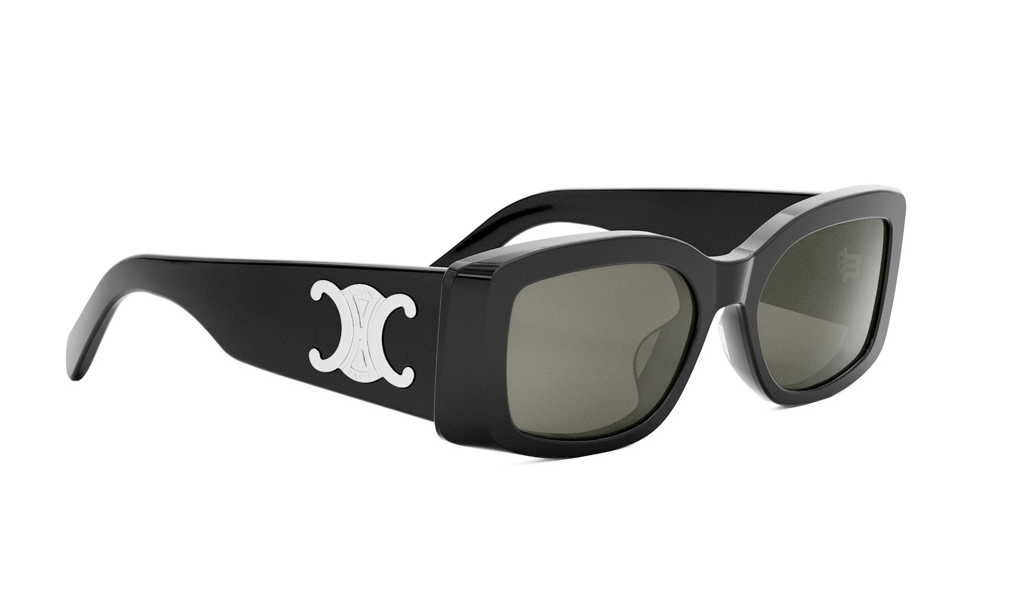 A pair of black sunglasses with a white logo on the side.