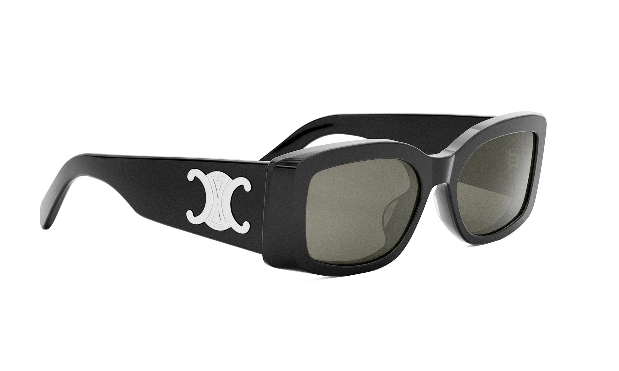 A pair of black sunglasses with a white logo on the side.