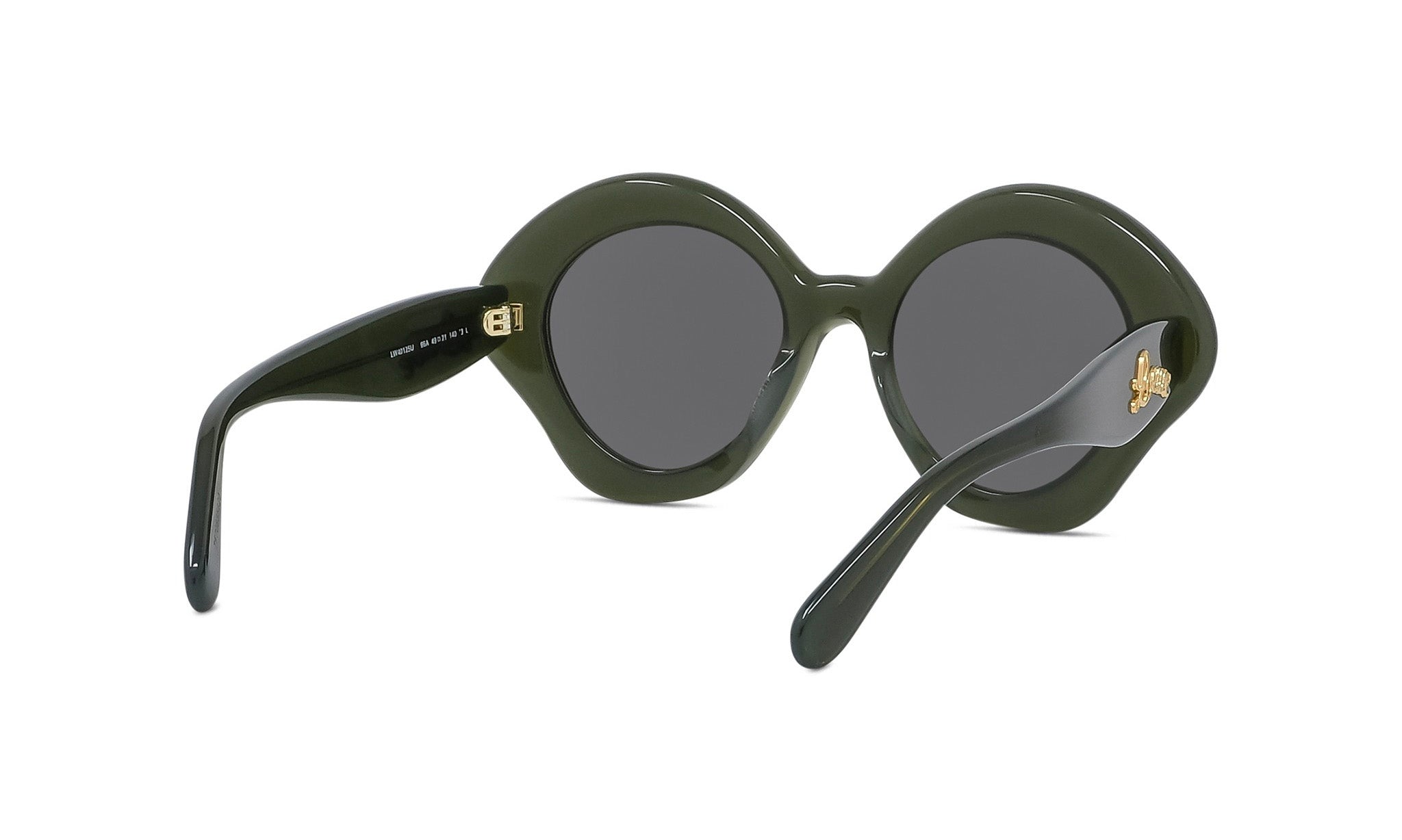 A pair of dark green, round-framed sunglasses with a distinctive, unique design.