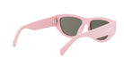 A pair of pink sunglasses with dark lenses.