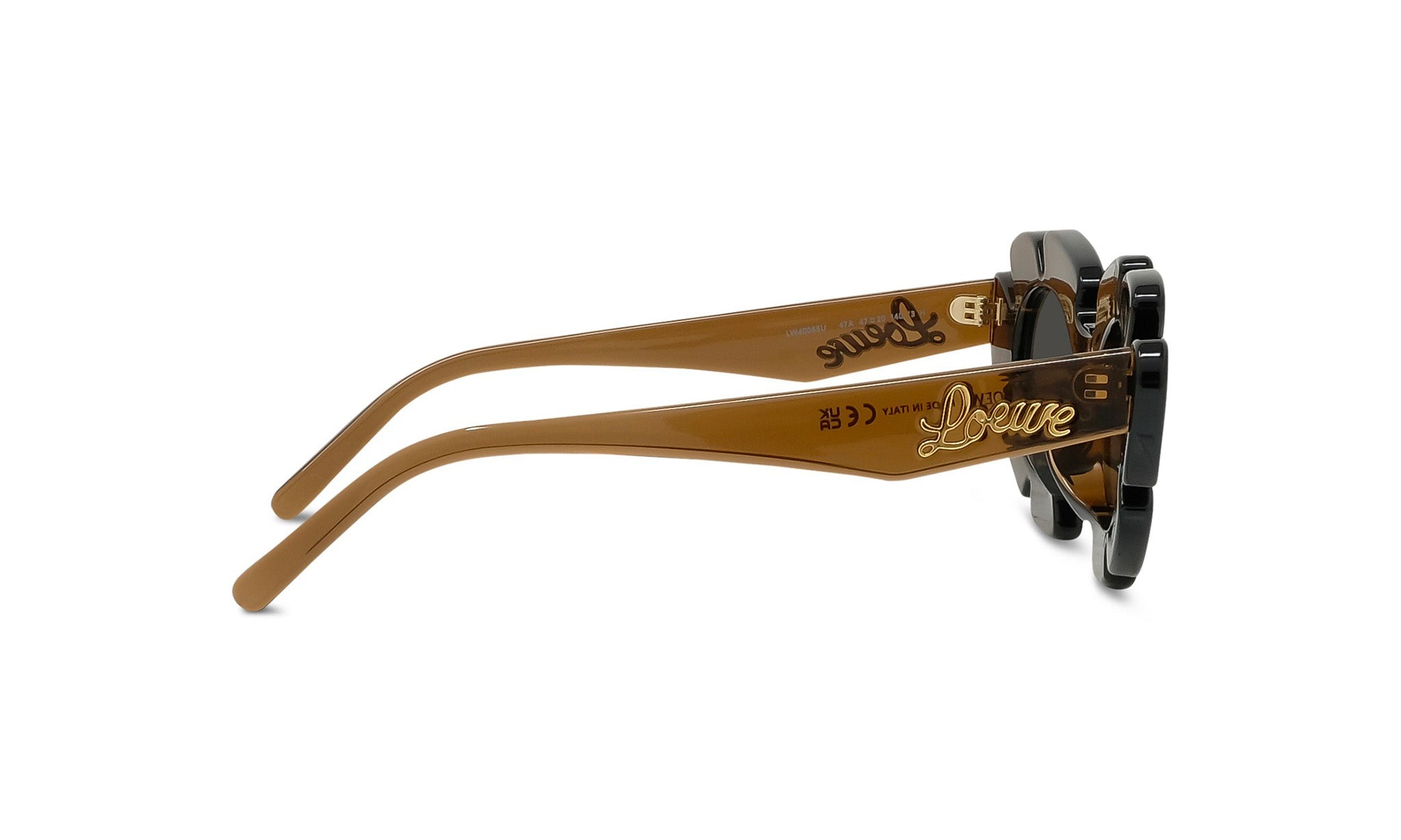 A pair of brown sunglasses with the word "LESS" printed on them.