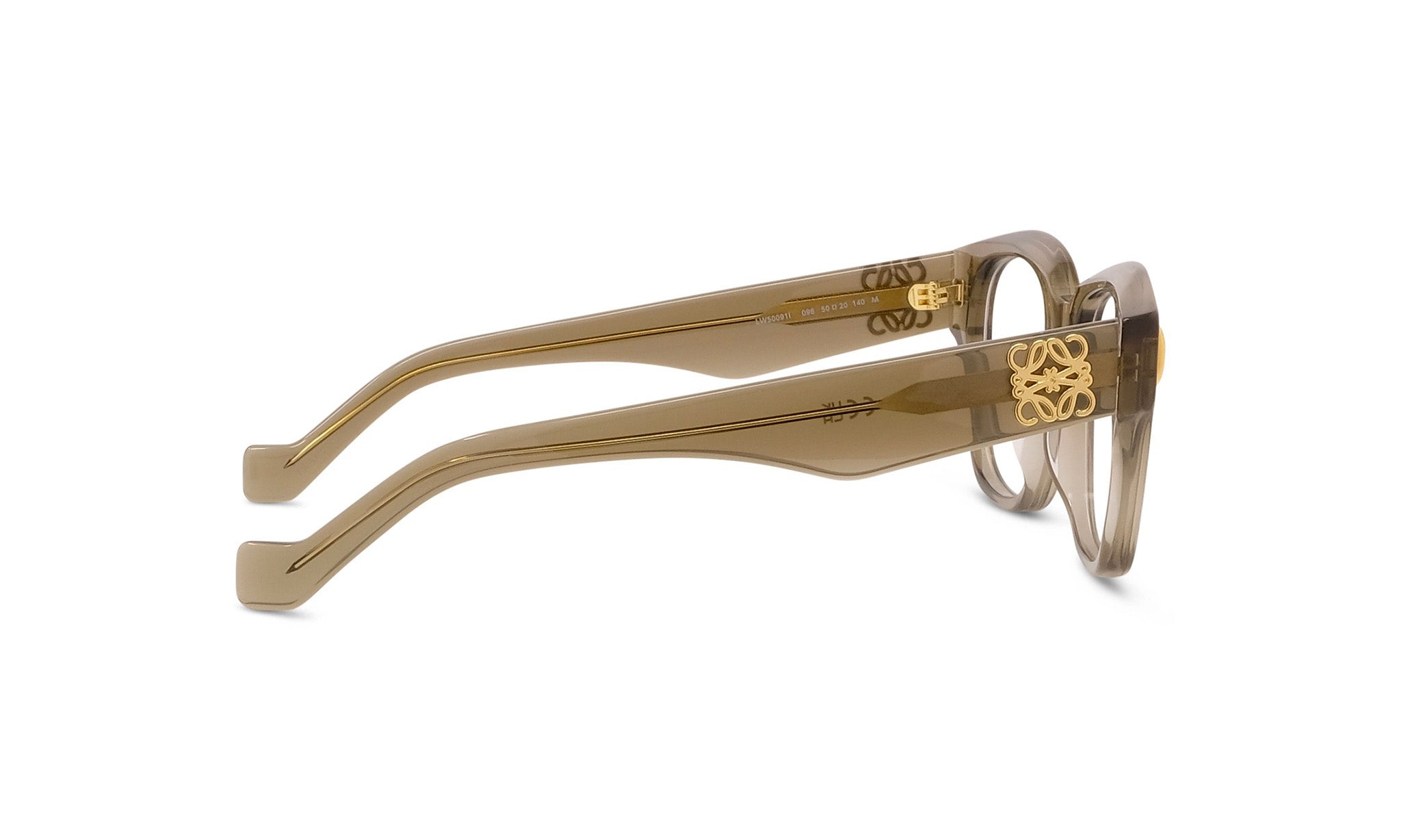 A pair of brown-framed glasses with a gold-colored logo on the temples.