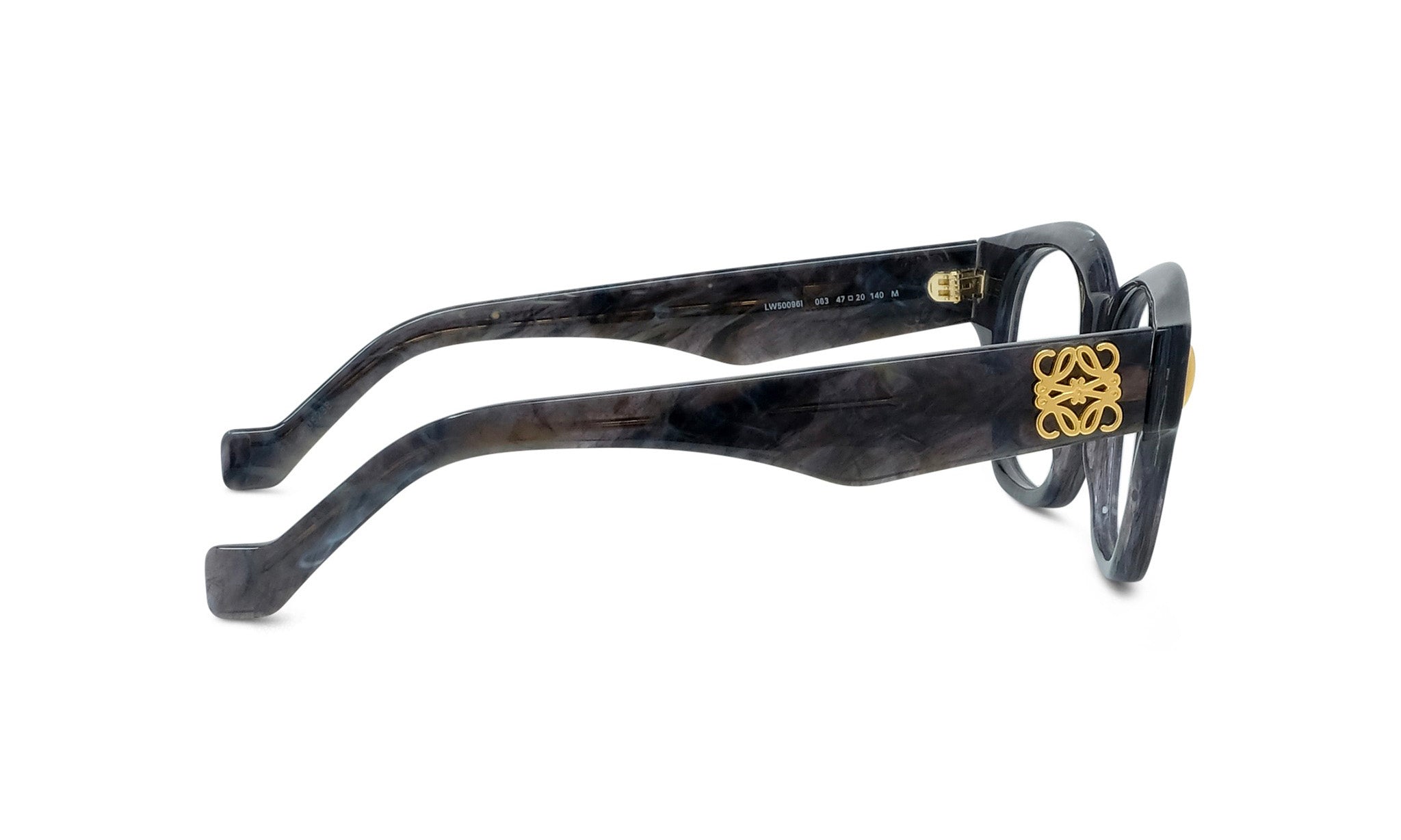 A pair of stylish, dark-framed glasses with a gold-colored logo on the temples.