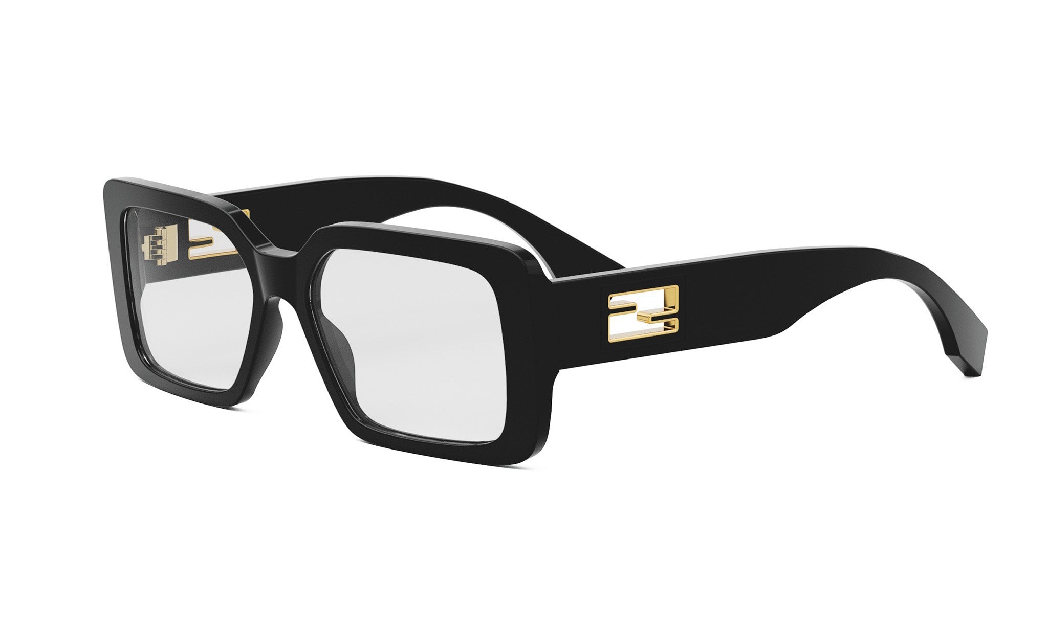 A pair of black-framed glasses with gold accents, featuring a square frame and a gold logo on the side.