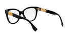 A pair of black-framed glasses with gold accents, including a logo on the temples.