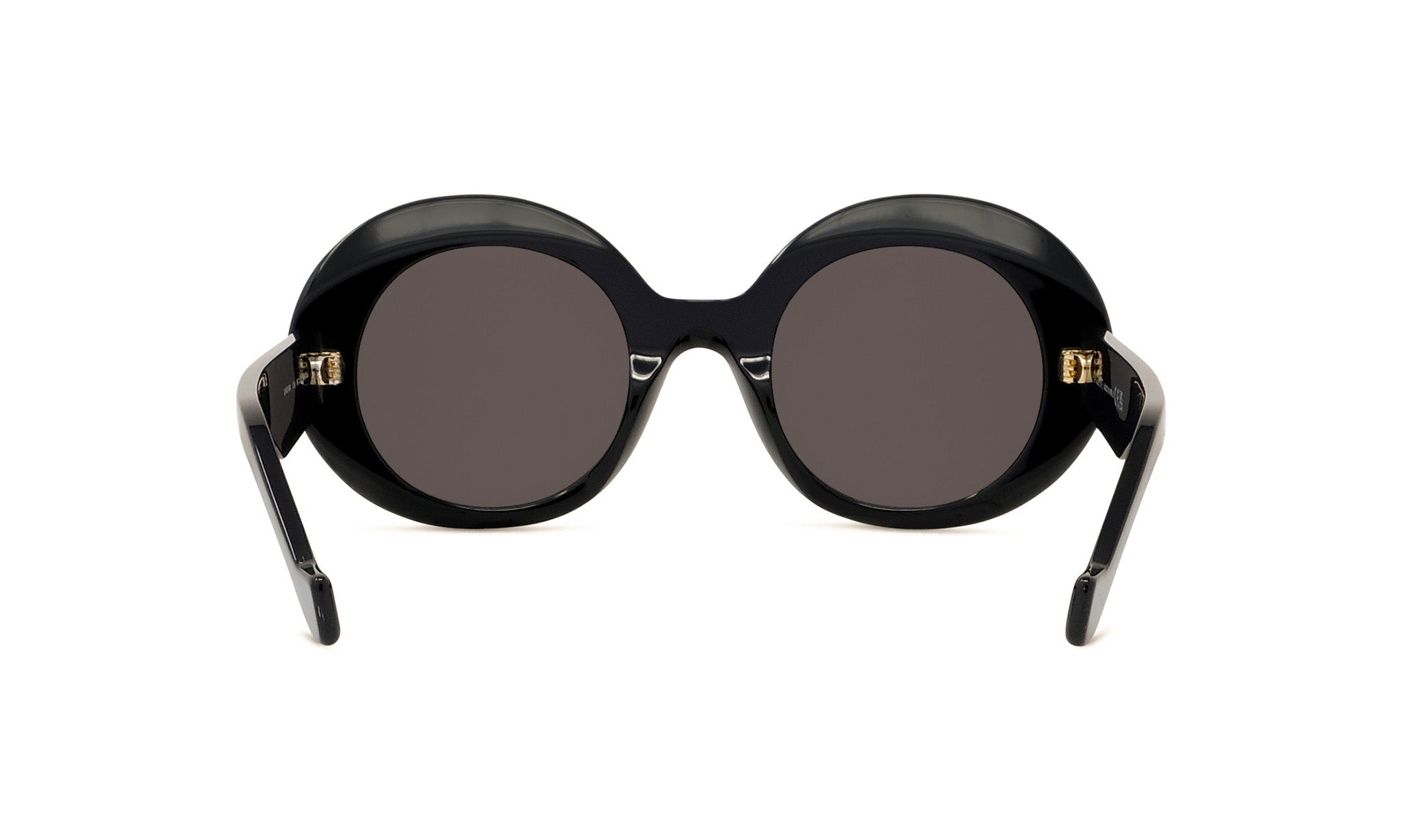 A pair of black round sunglasses with dark lenses.