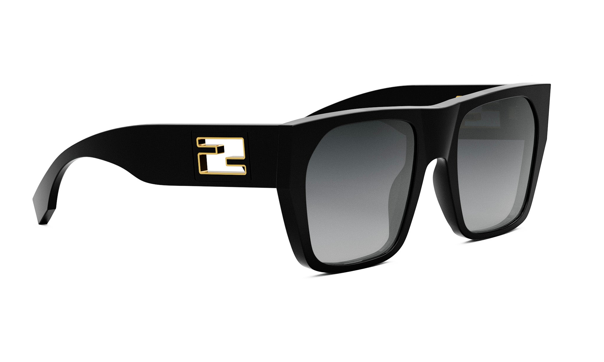 A pair of black sunglasses with a gold logo on the frame.