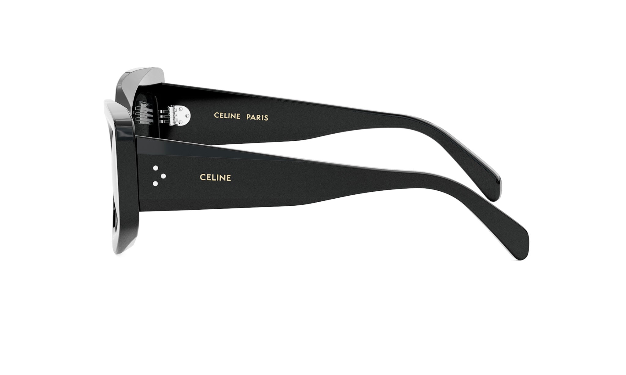 A pair of black sunglasses with the Celine logo visible on the frame.
