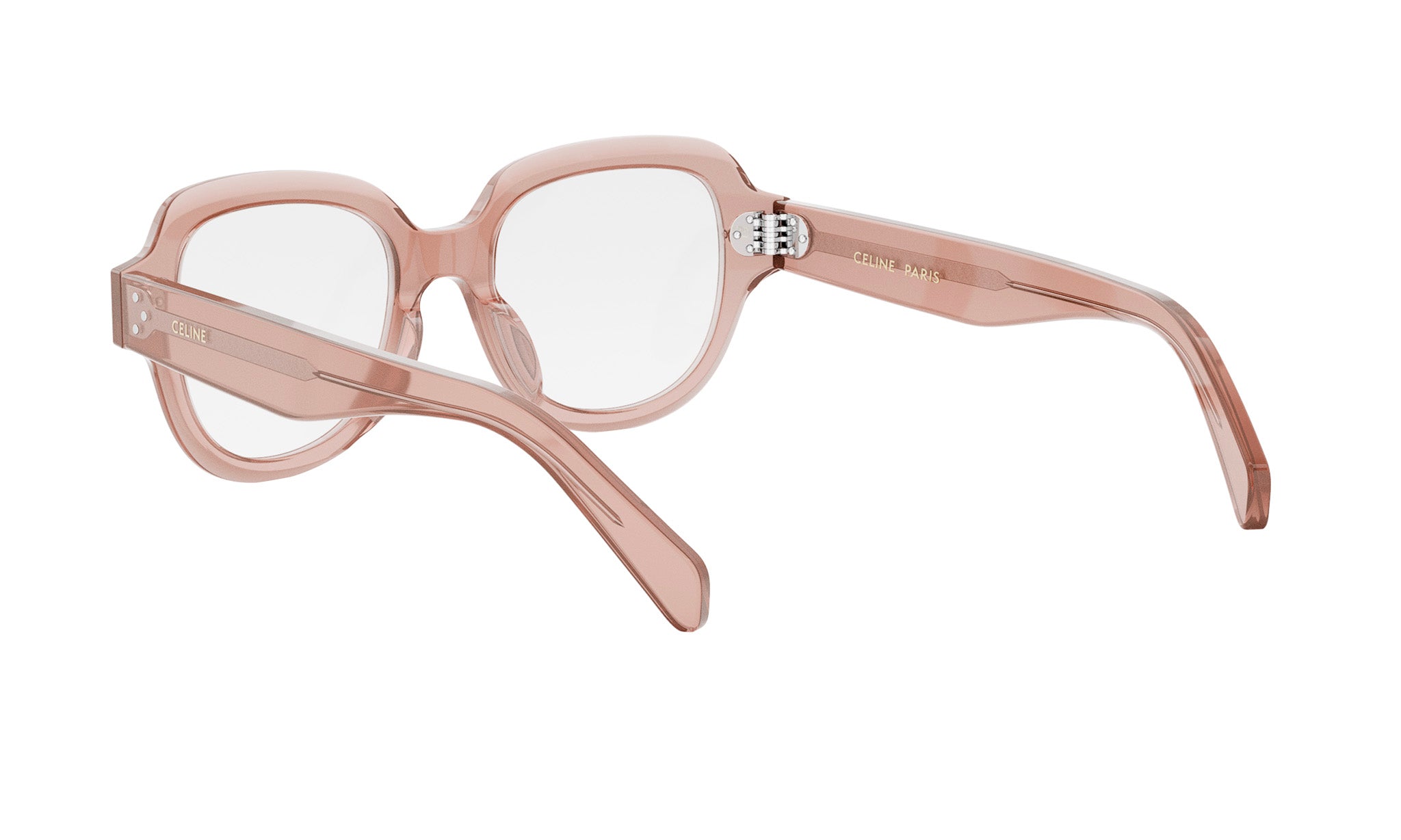 A pair of pink-tinted eyeglasses with a clear lens, featuring a sleek and modern design.