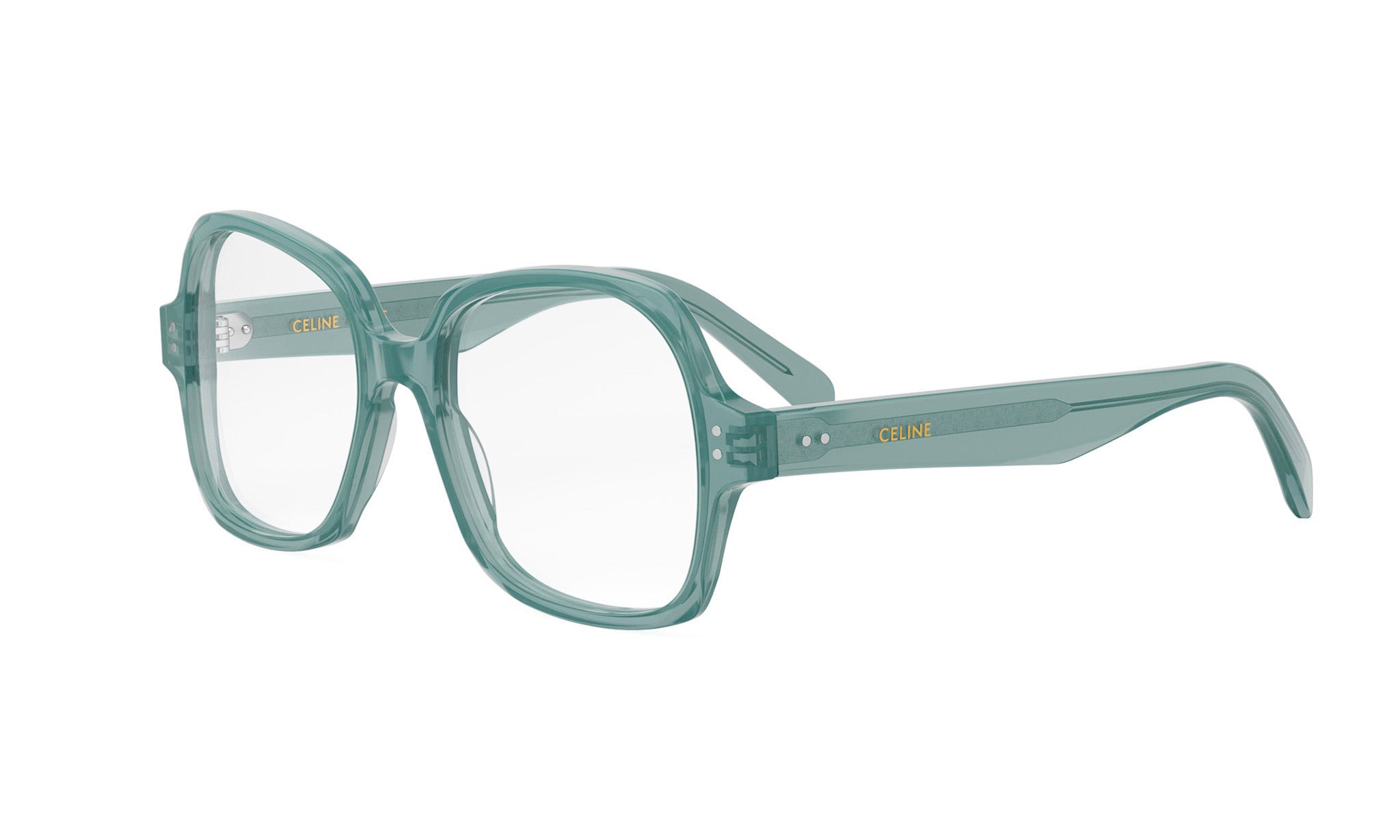 A pair of green-framed glasses with the Celine logo visible on the temples.