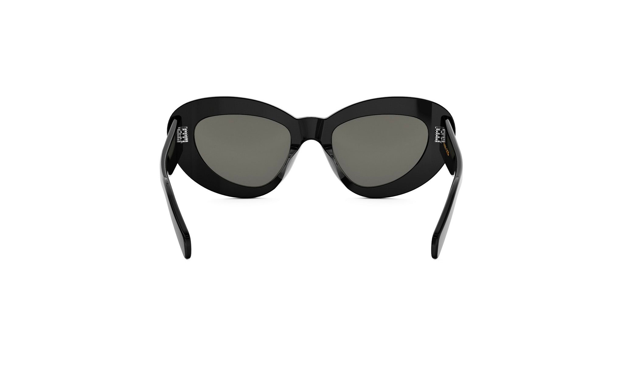 A pair of black sunglasses with dark lenses.