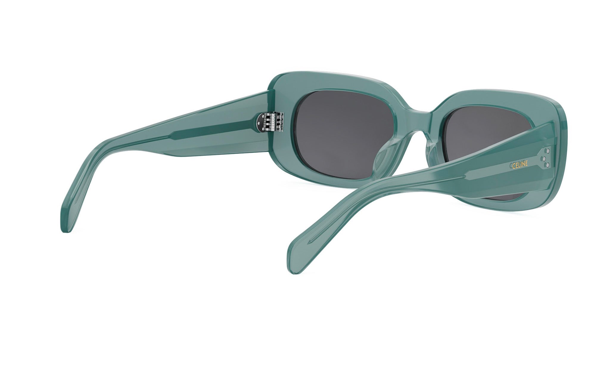 A pair of green-framed sunglasses with dark lenses.