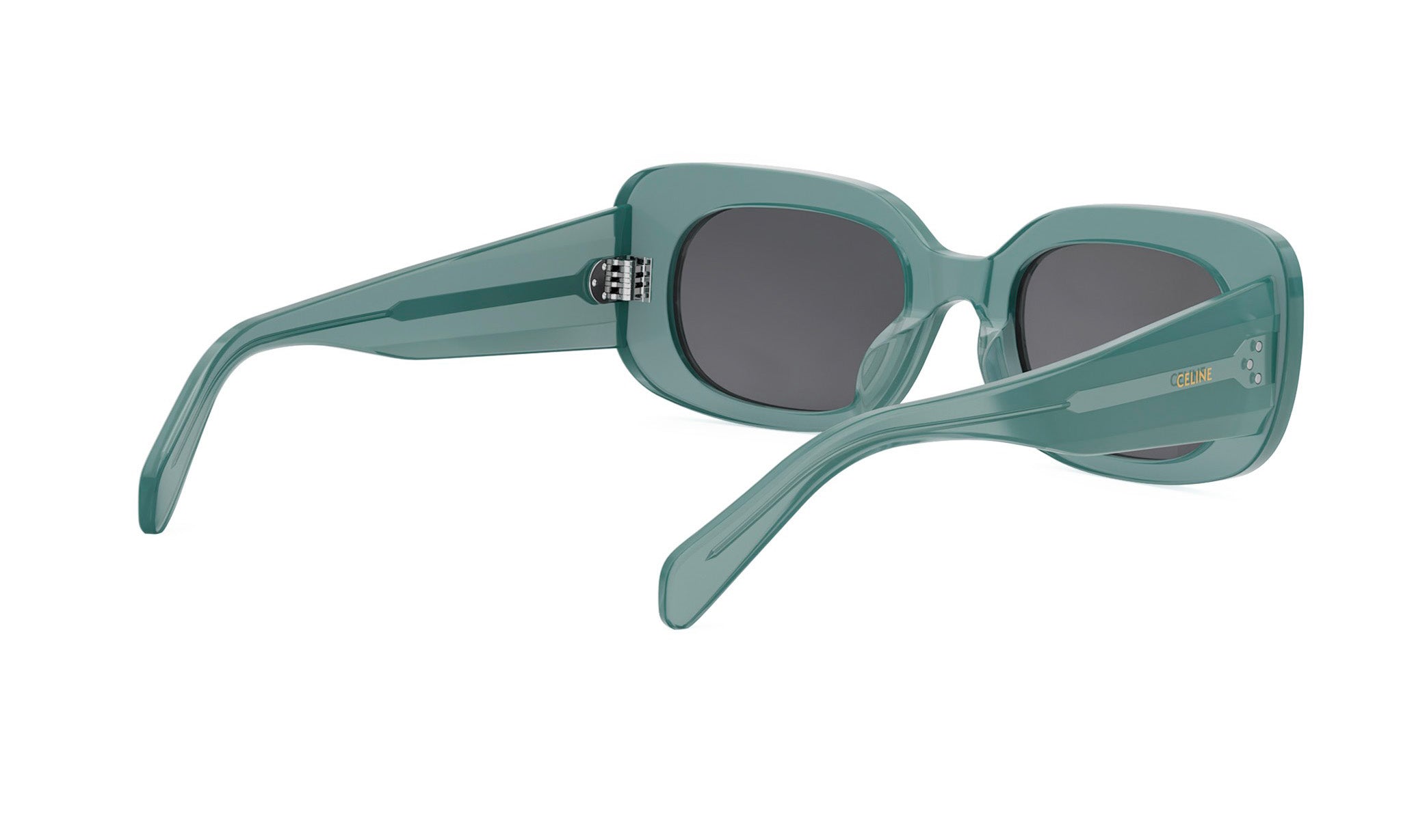 A pair of green-framed sunglasses with dark lenses.