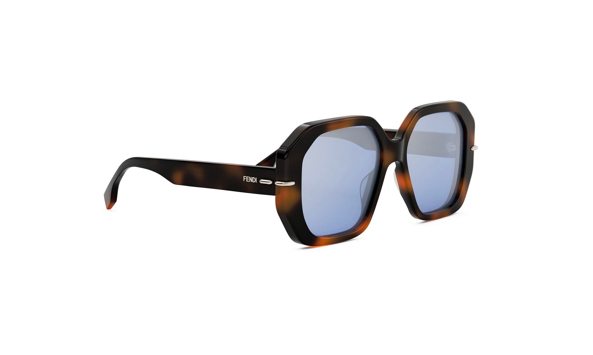 A pair of stylish sunglasses with a tortoiseshell frame and blue lenses.