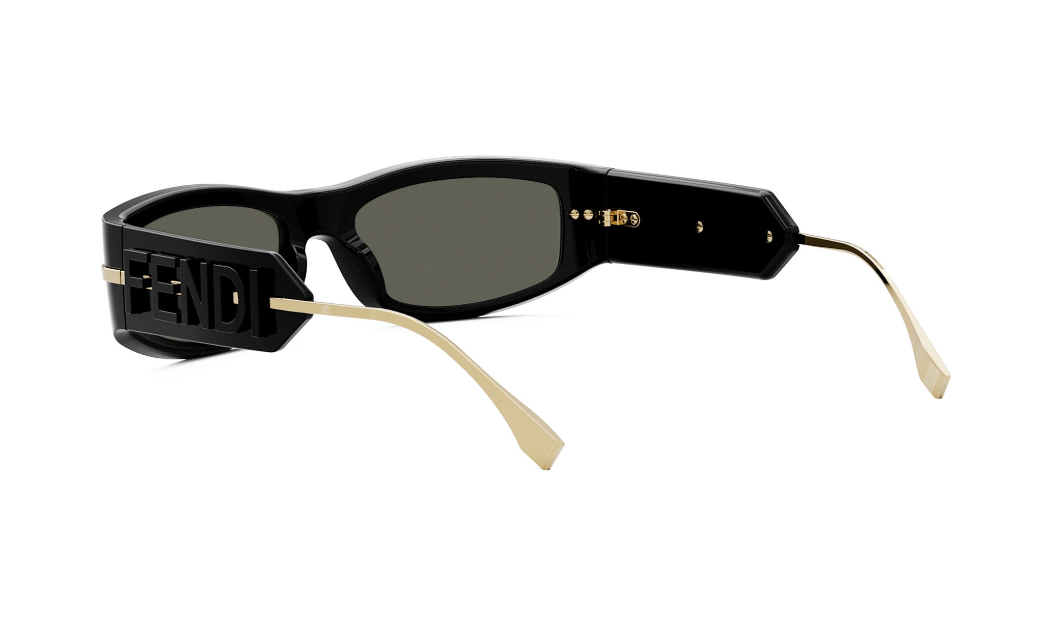 A pair of black sunglasses with gold accents and the Fendi logo on the frame.
