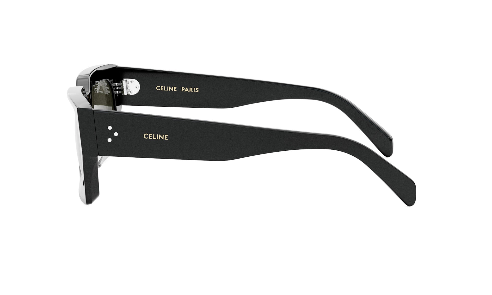 A pair of black sunglasses with the Celine Paris logo on the frame.