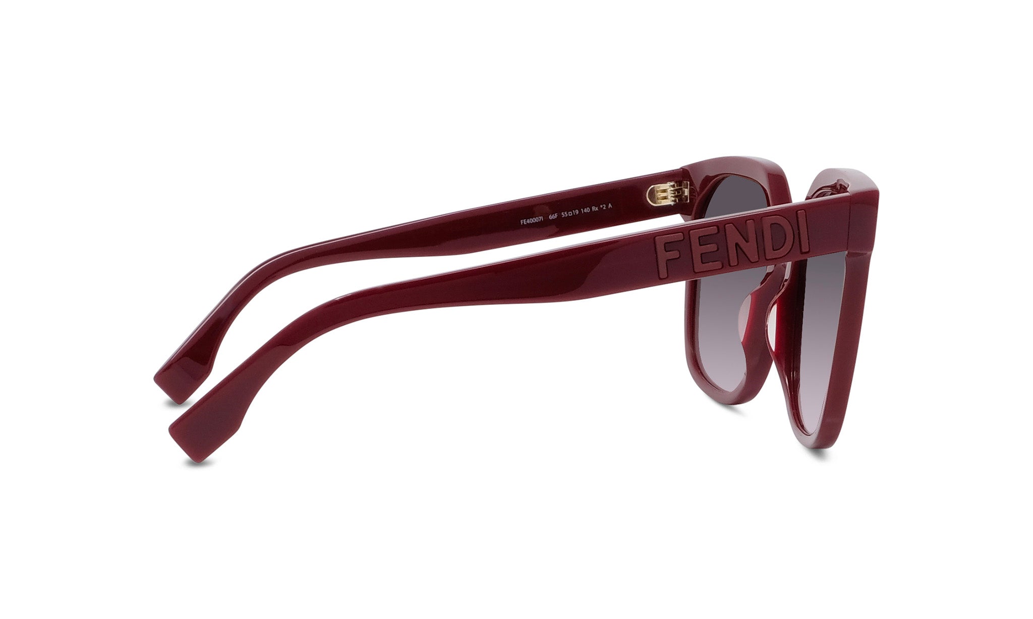 A pair of burgundy-colored Fendi sunglasses with dark lenses.