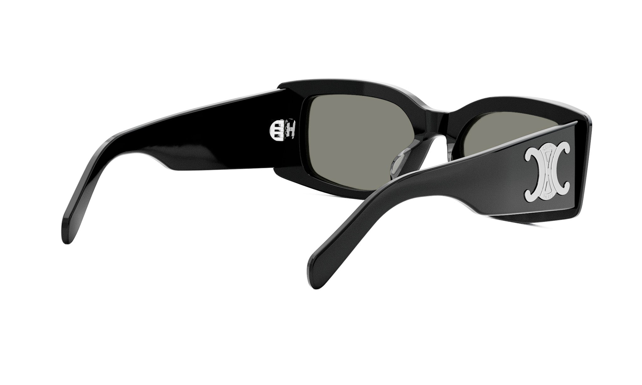 A pair of black sunglasses with a white logo on the frame.