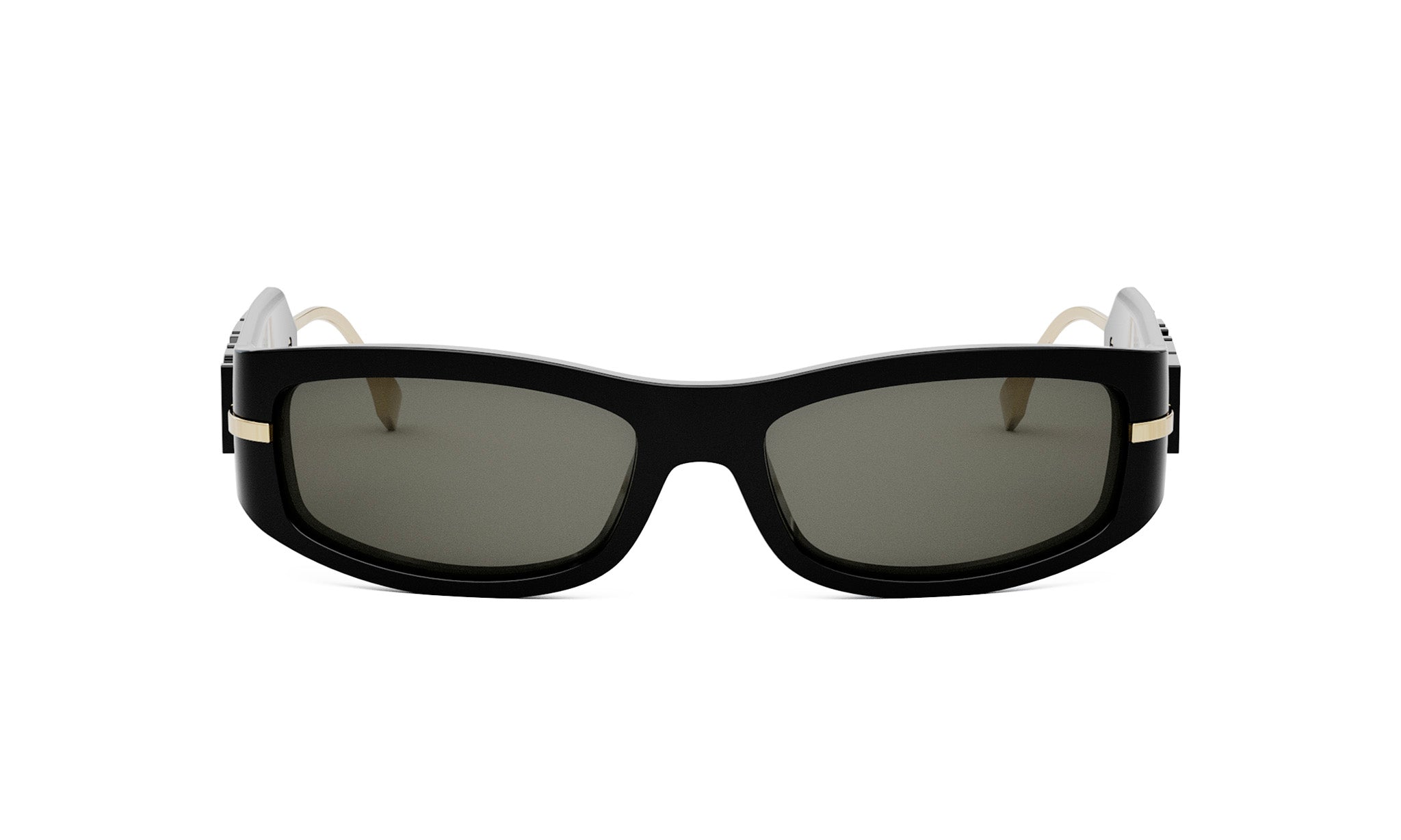 A pair of black sunglasses with dark lenses.