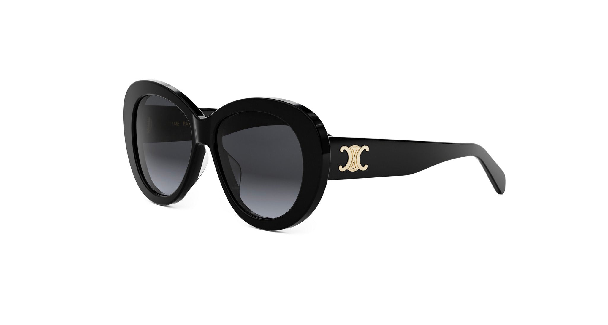 A pair of black sunglasses with a gold logo on the frame.
