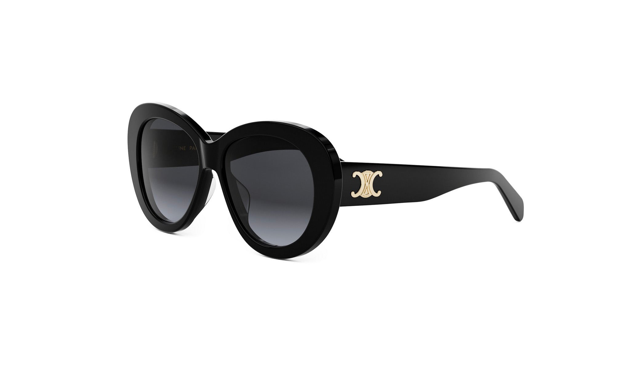 A pair of black sunglasses with a gold logo on the frame.