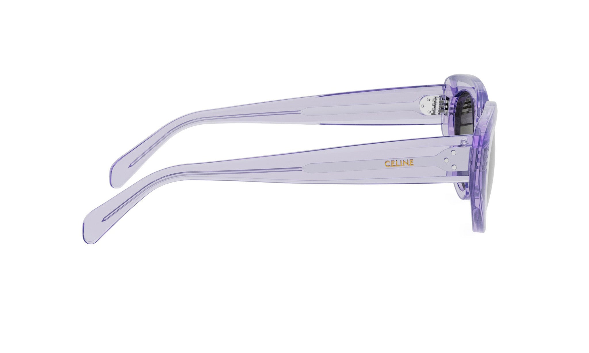 A pair of purple sunglasses with the Celine logo visible.