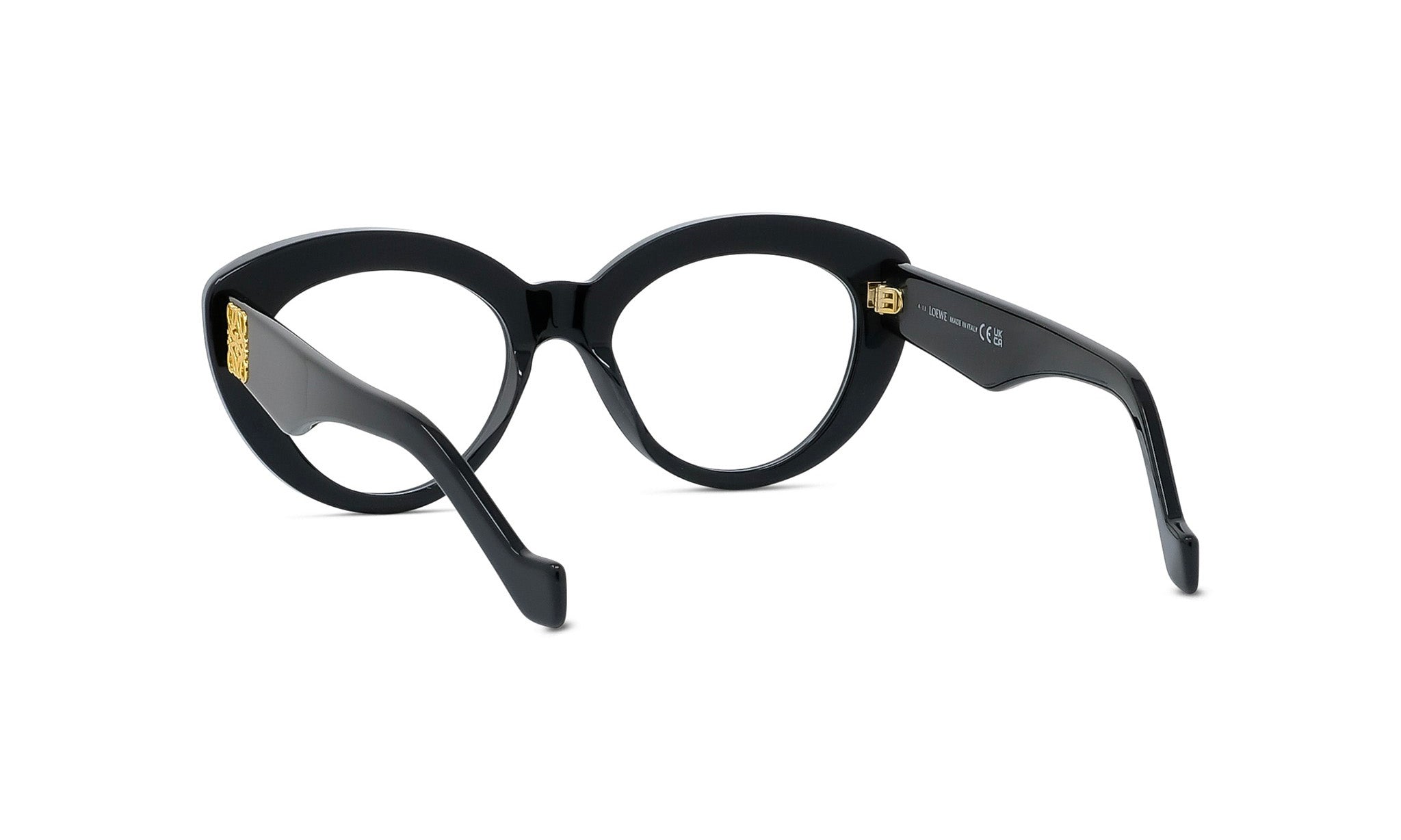 A pair of black cat-eye framed glasses with gold accents.