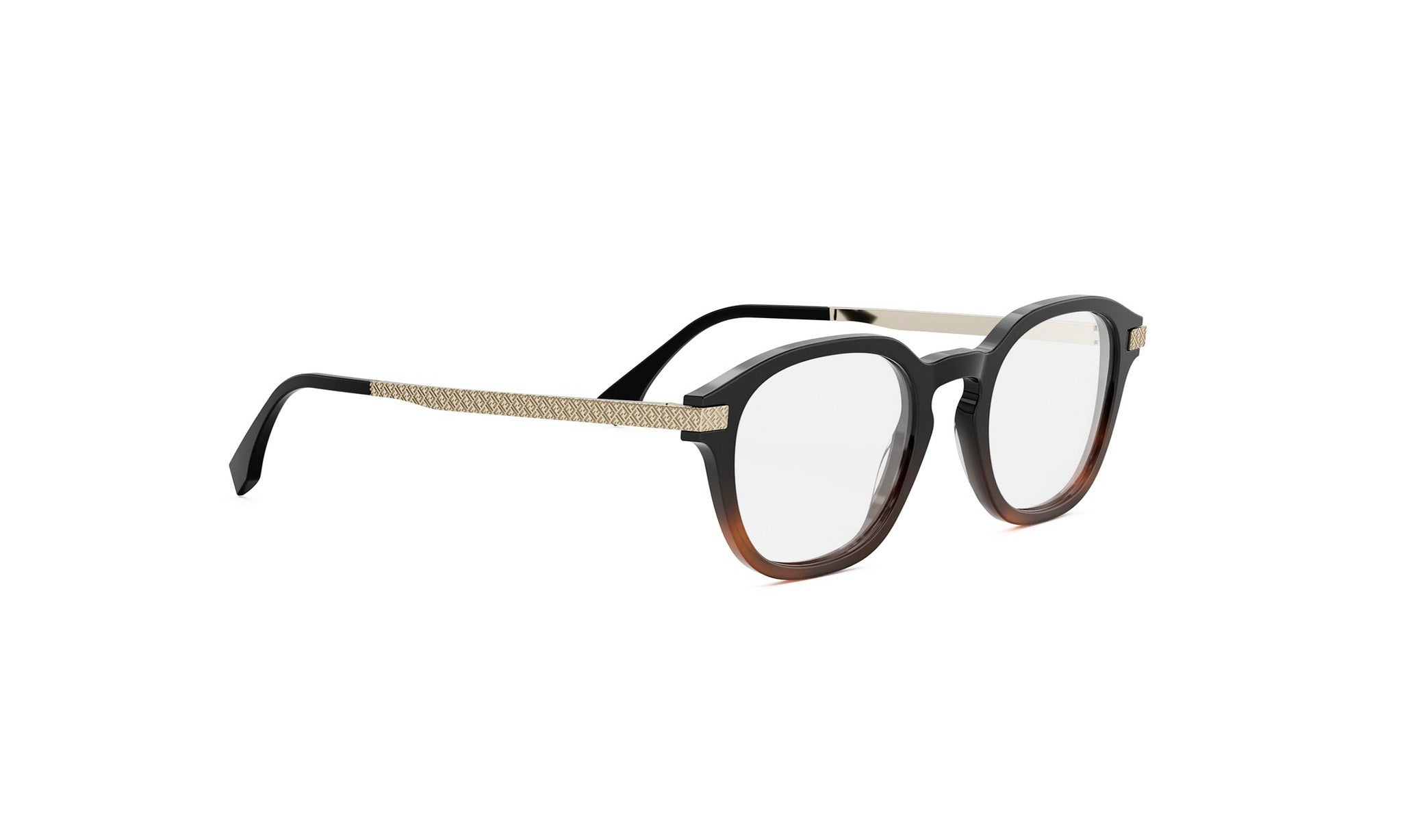 A pair of stylish, black-framed glasses with a gold-colored accent strip.
