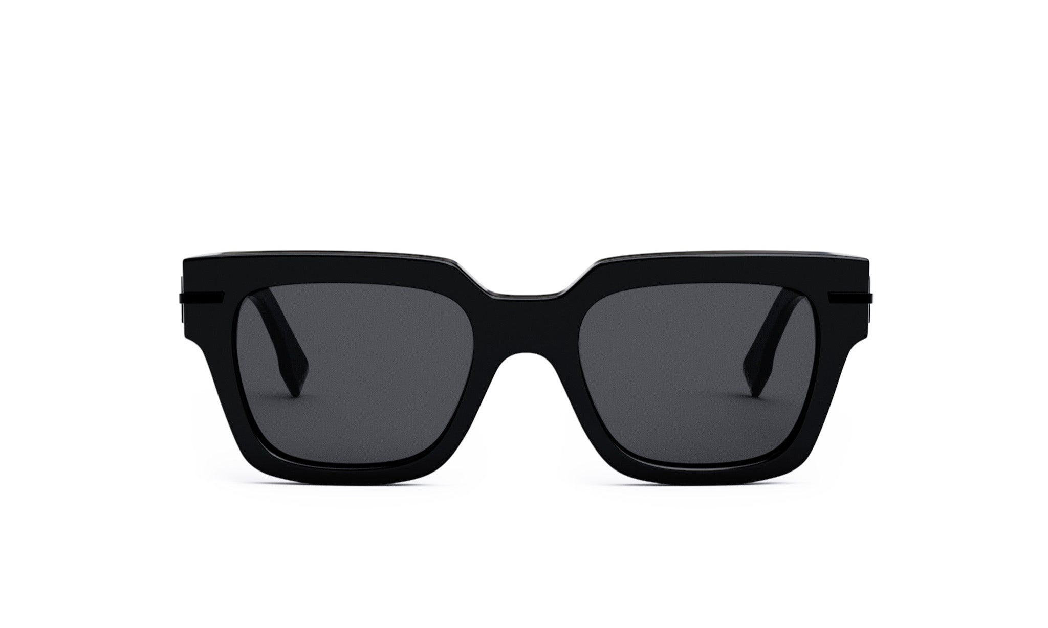 A pair of black sunglasses with dark lenses.
