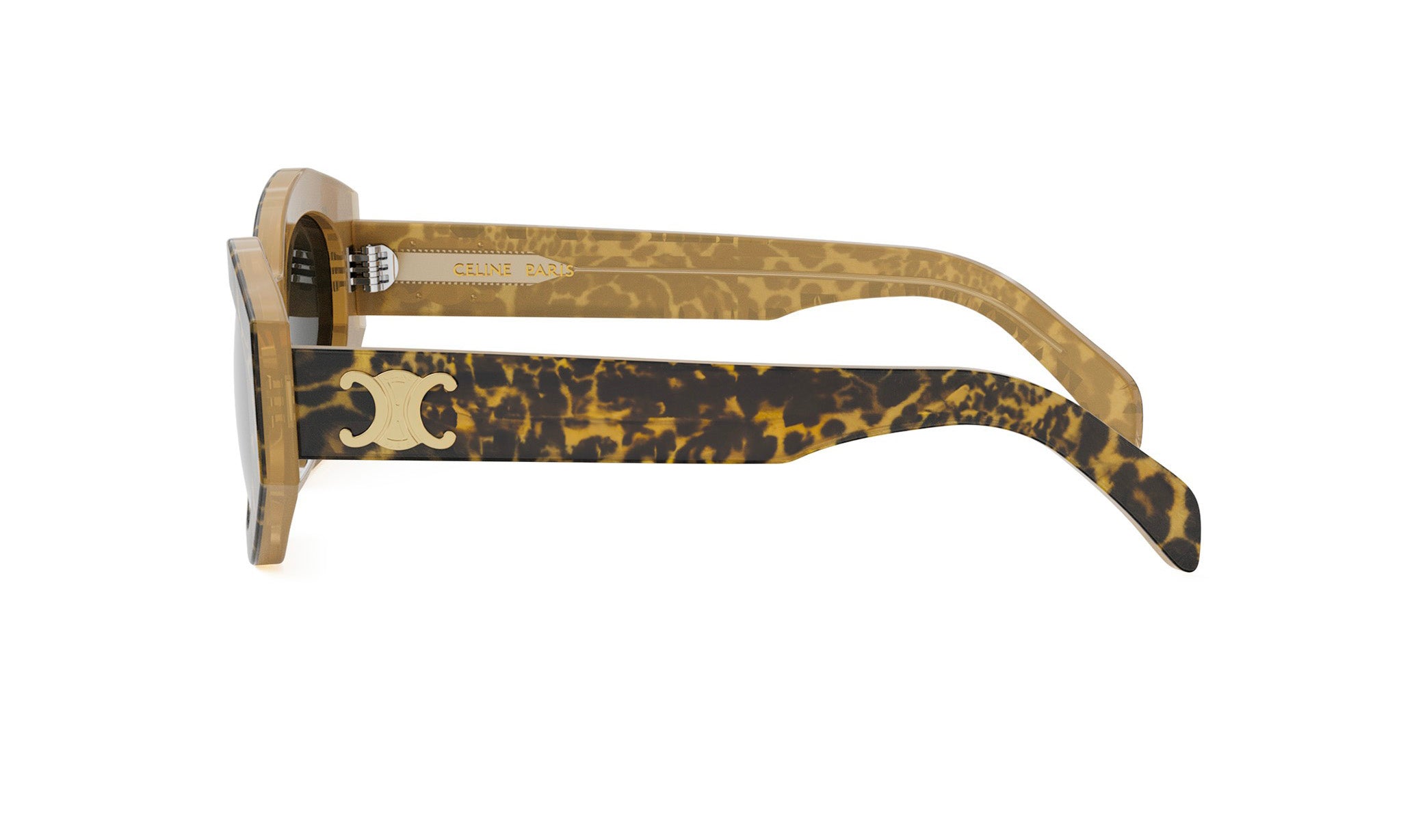 A pair of sunglasses with a leopard print frame and a gold logo on the temples.