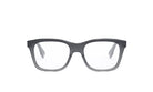 A pair of black-framed glasses with clear lenses, set against a white background.