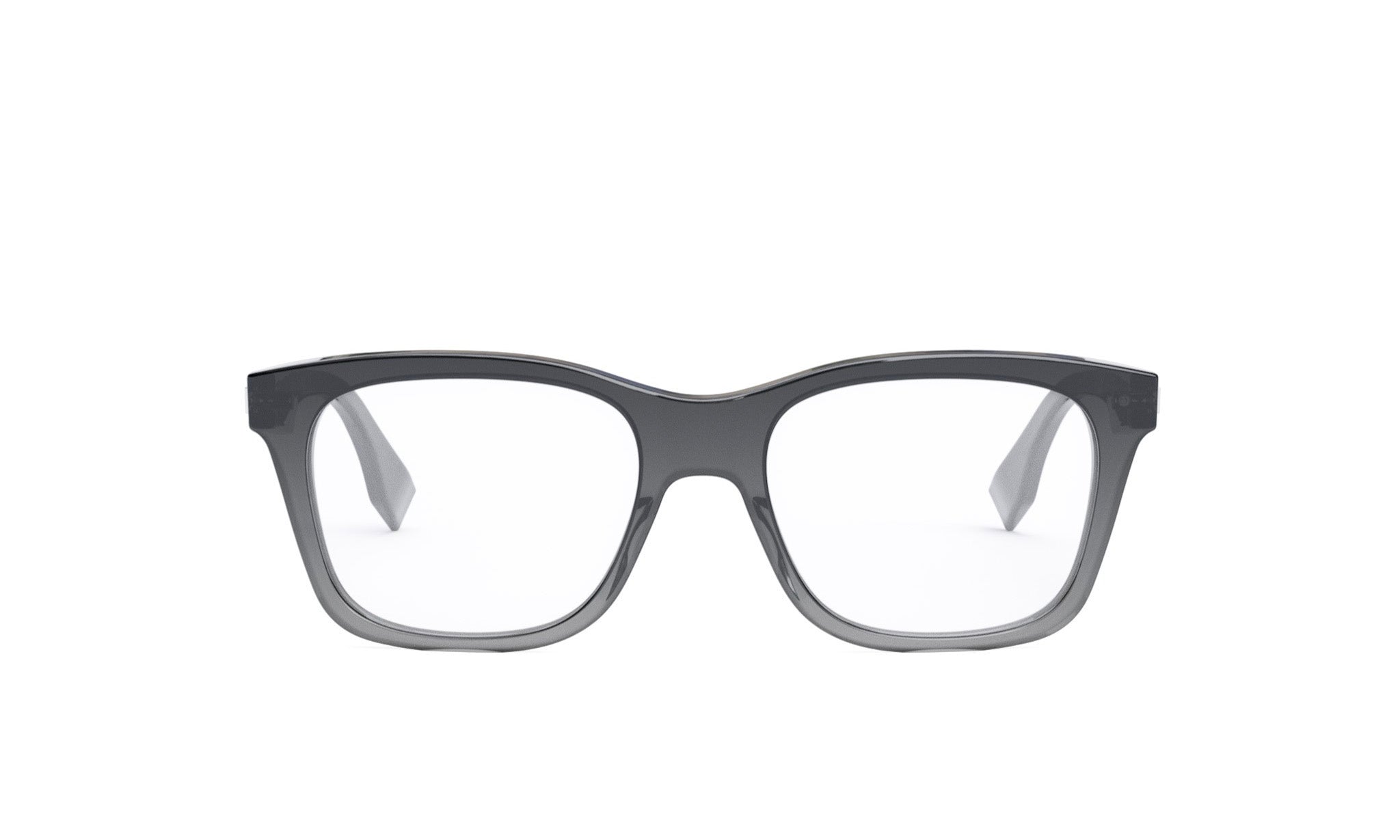 A pair of black-framed glasses with clear lenses, set against a white background.