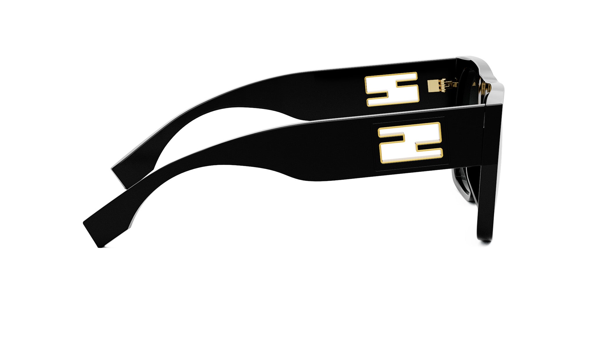 A pair of black sunglasses with gold accents, featuring a logo on the temples.