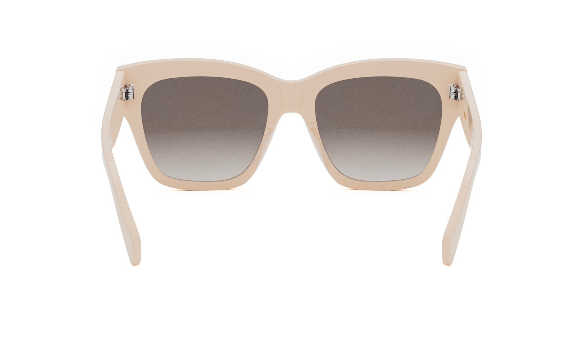 A pair of beige-colored sunglasses with dark lenses.