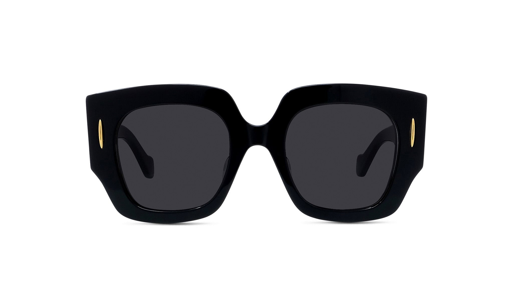 A pair of black sunglasses with gold accents.