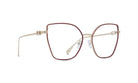 A pair of stylish, modern-looking eyeglasses with a maroon frame and clear lenses.