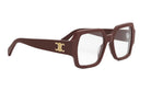 A pair of brown-framed glasses with a gold logo on the side.