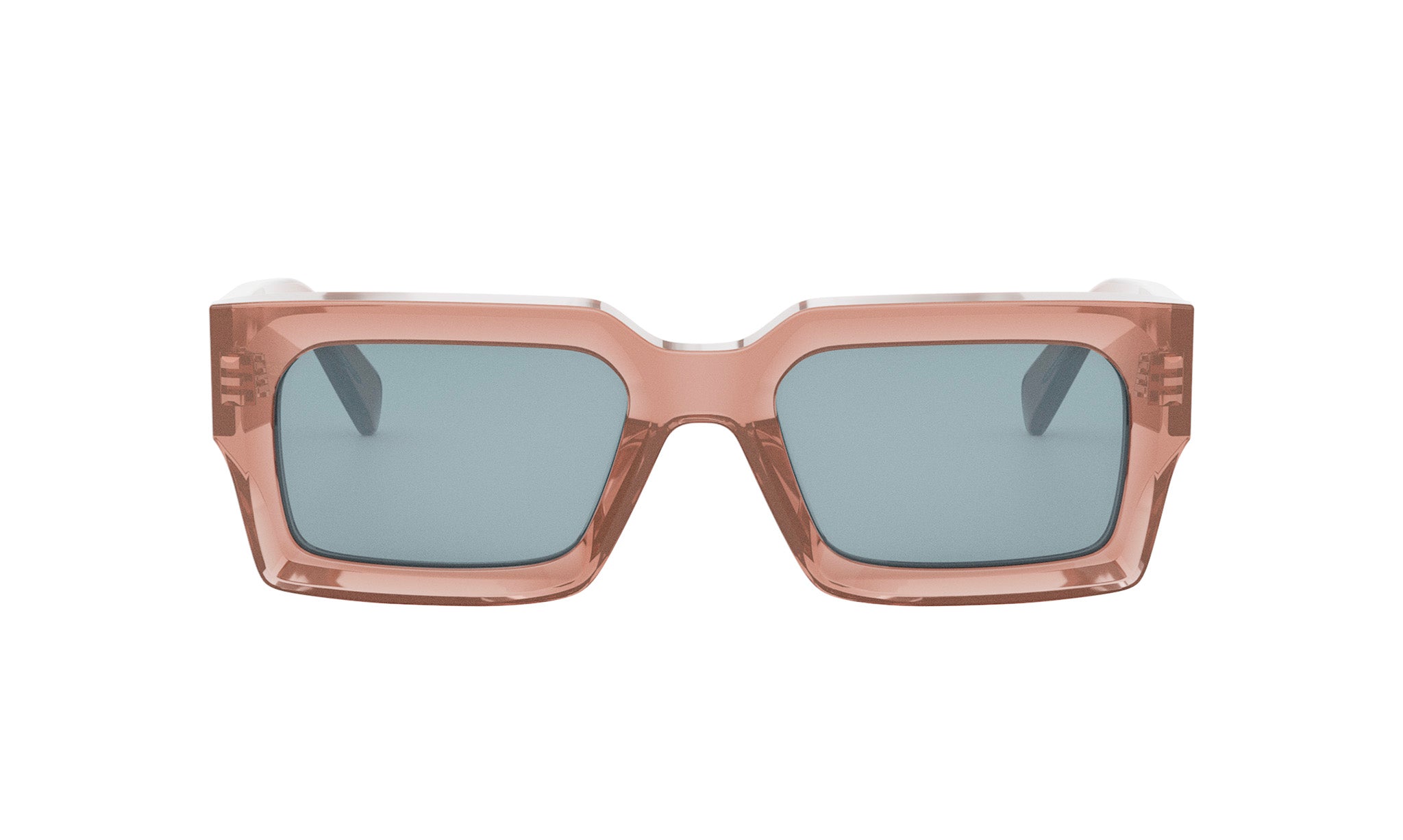 A pair of rectangular sunglasses with a pink frame and dark lenses.