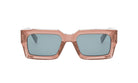 A pair of rectangular sunglasses with a pink frame and dark lenses.