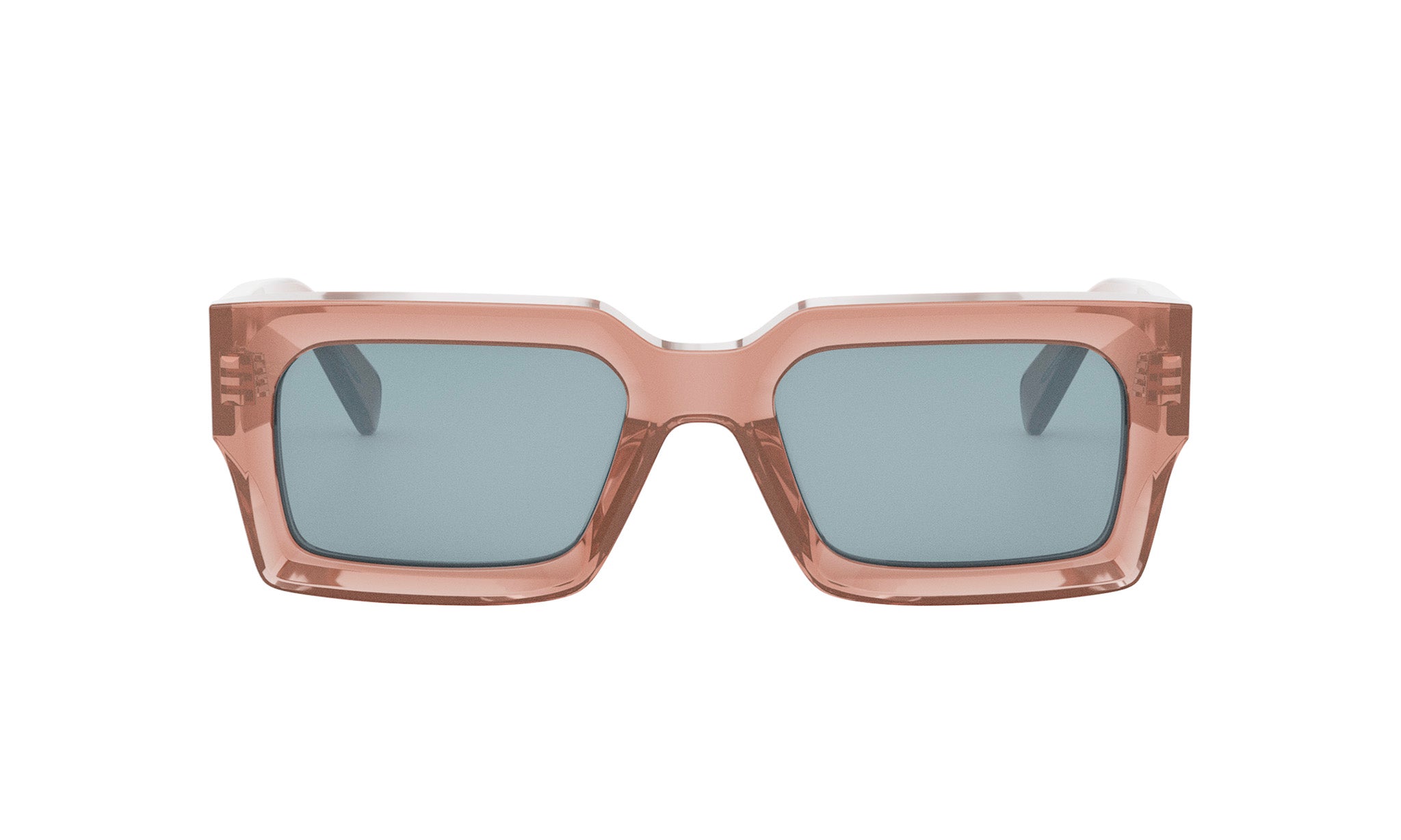 A pair of rectangular sunglasses with a pink frame and dark lenses.