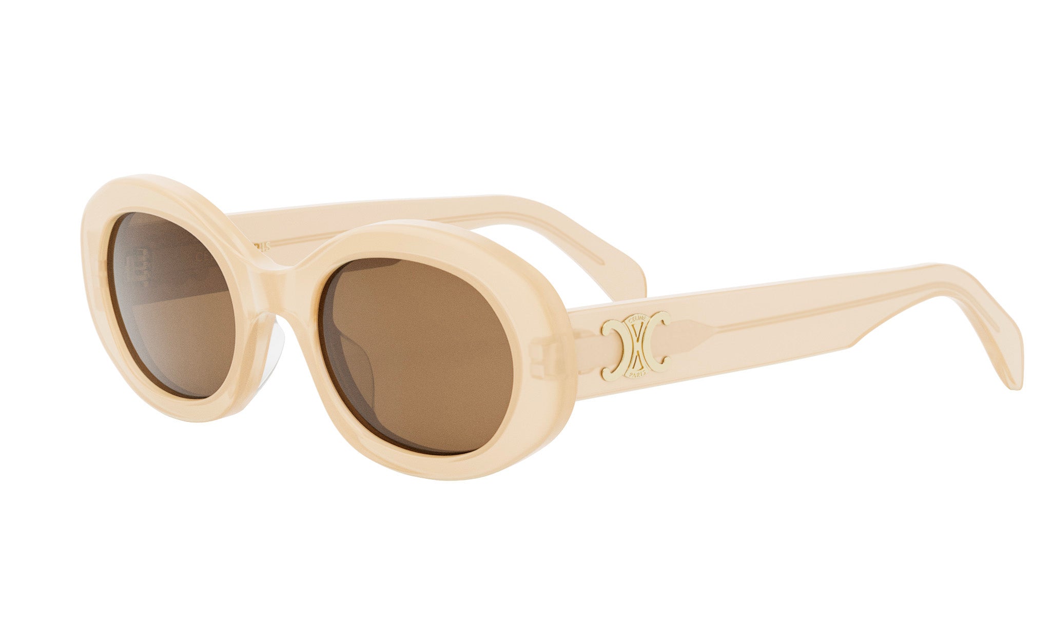 A pair of cream-colored sunglasses with a distinctive logo on the frame.