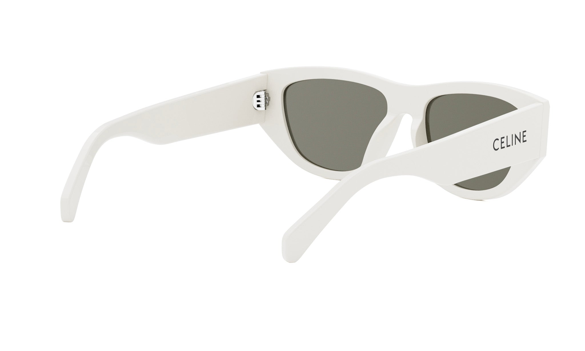 A pair of white sunglasses with the Celine logo on the frame.