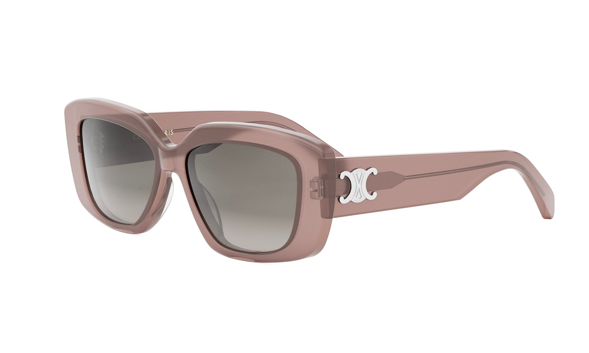 A pair of stylish sunglasses with a pink frame and dark lenses.