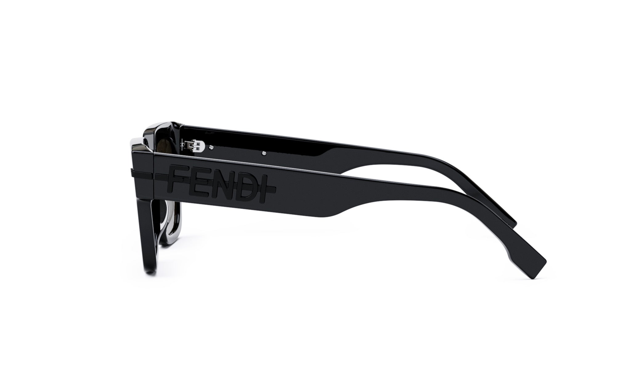 A pair of black sunglasses with the Fendi logo on the frame.
