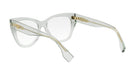 A pair of clear, cat-eye-shaped glasses with a gold-colored frame.