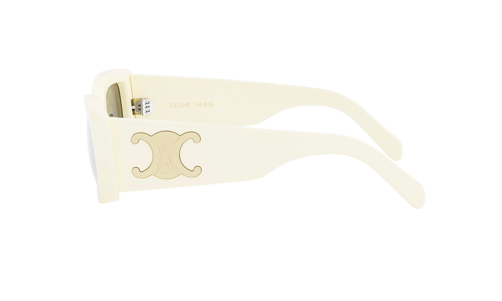 A pair of white sunglasses with a Celine Paris logo on the frame.