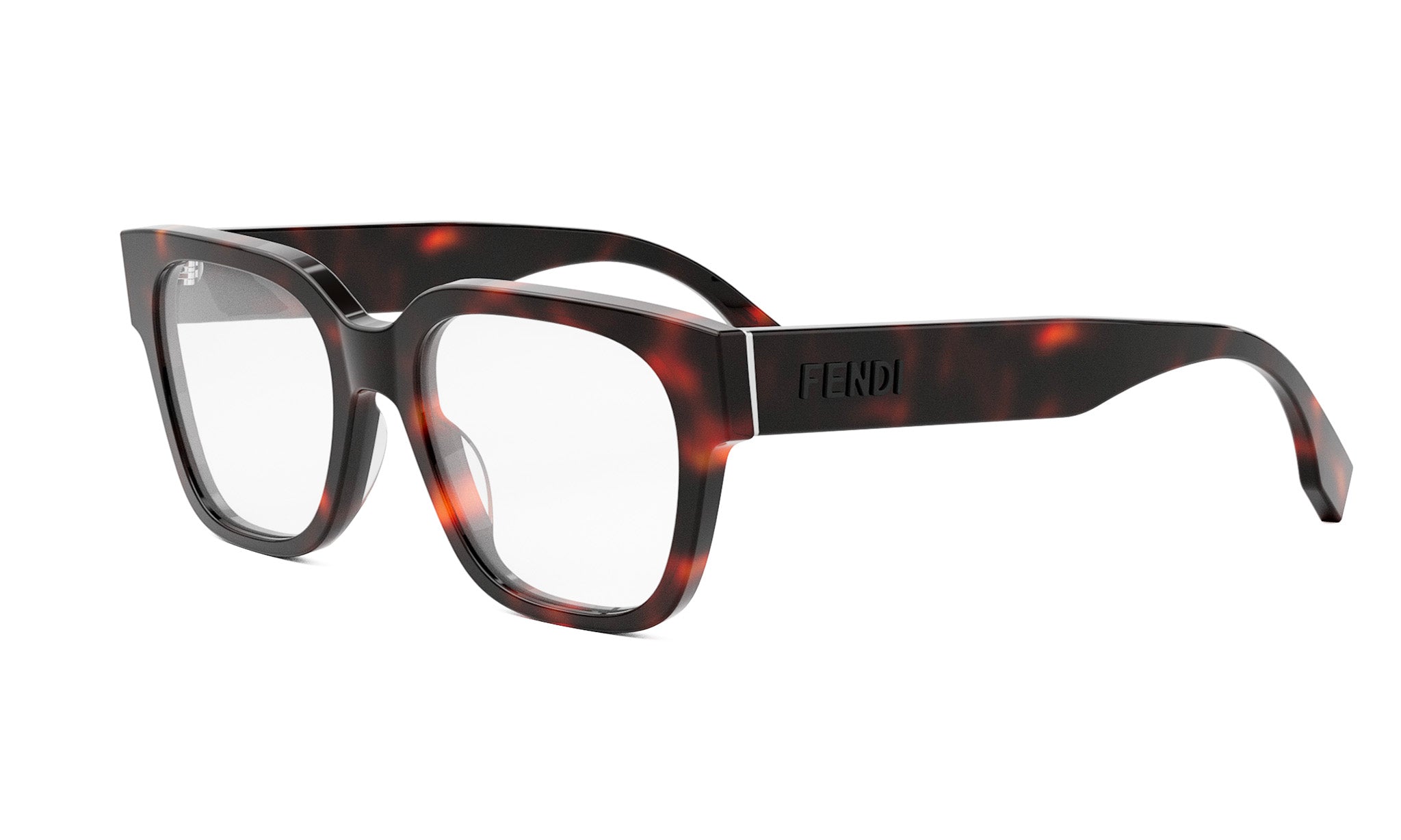 A pair of tortoiseshell-framed glasses with the Fendi logo on the side.
