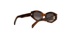 A pair of brown sunglasses with a gold logo on the frame.